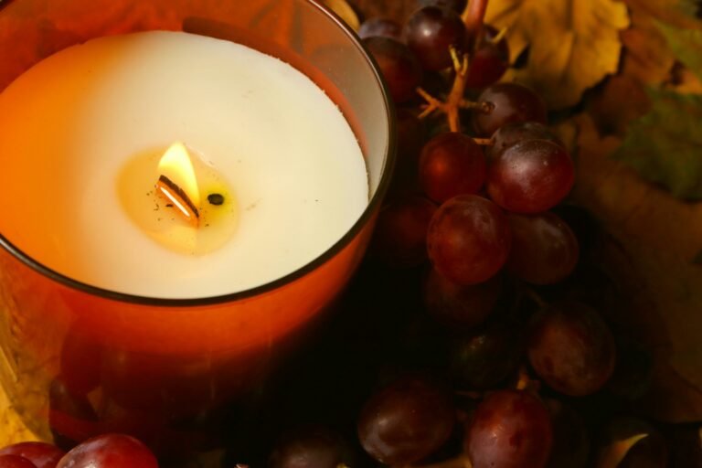 Vanilla pumpkin candle mood: a lit jar candle with grapes and autumn leaves