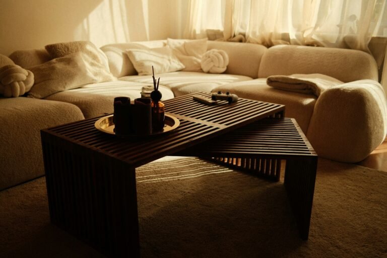 Wooden candle tray styling: cozy living room with a modern sofa and coffee table
