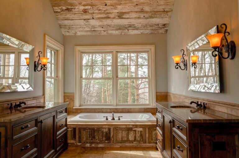 Wooden soap tray setting: bathroom with a white tub and brown wooden cabinets